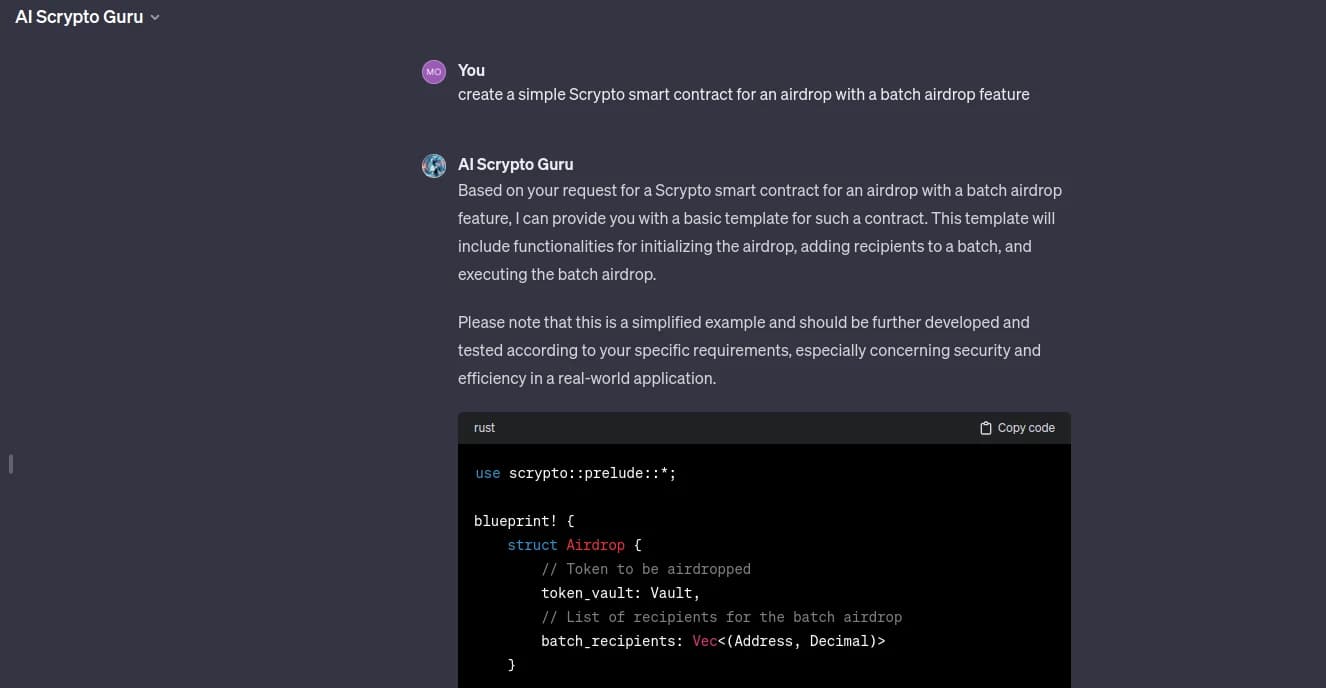 Custom GPT for writing smart contracts using the Scrypto language on Radix blockchain
